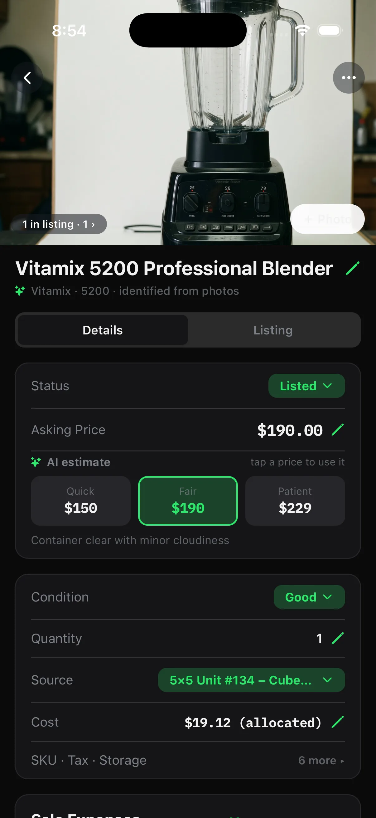 Rezell's item detail for a Vitamix 5200 blender — status Listed, a $190 asking price, and an AI price estimate offering Quick $150, Fair $190, and Patient $229.