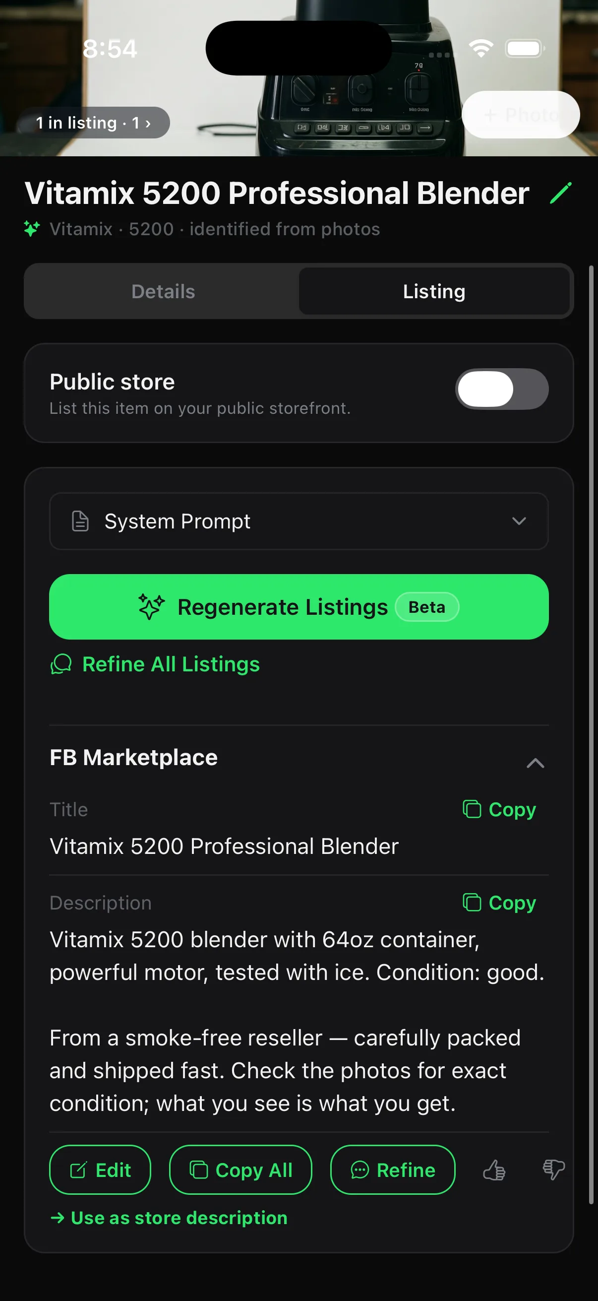 Rezell's AI-generated Facebook Marketplace listing for a Vitamix 5200 blender, with a ready-to-copy title and description.