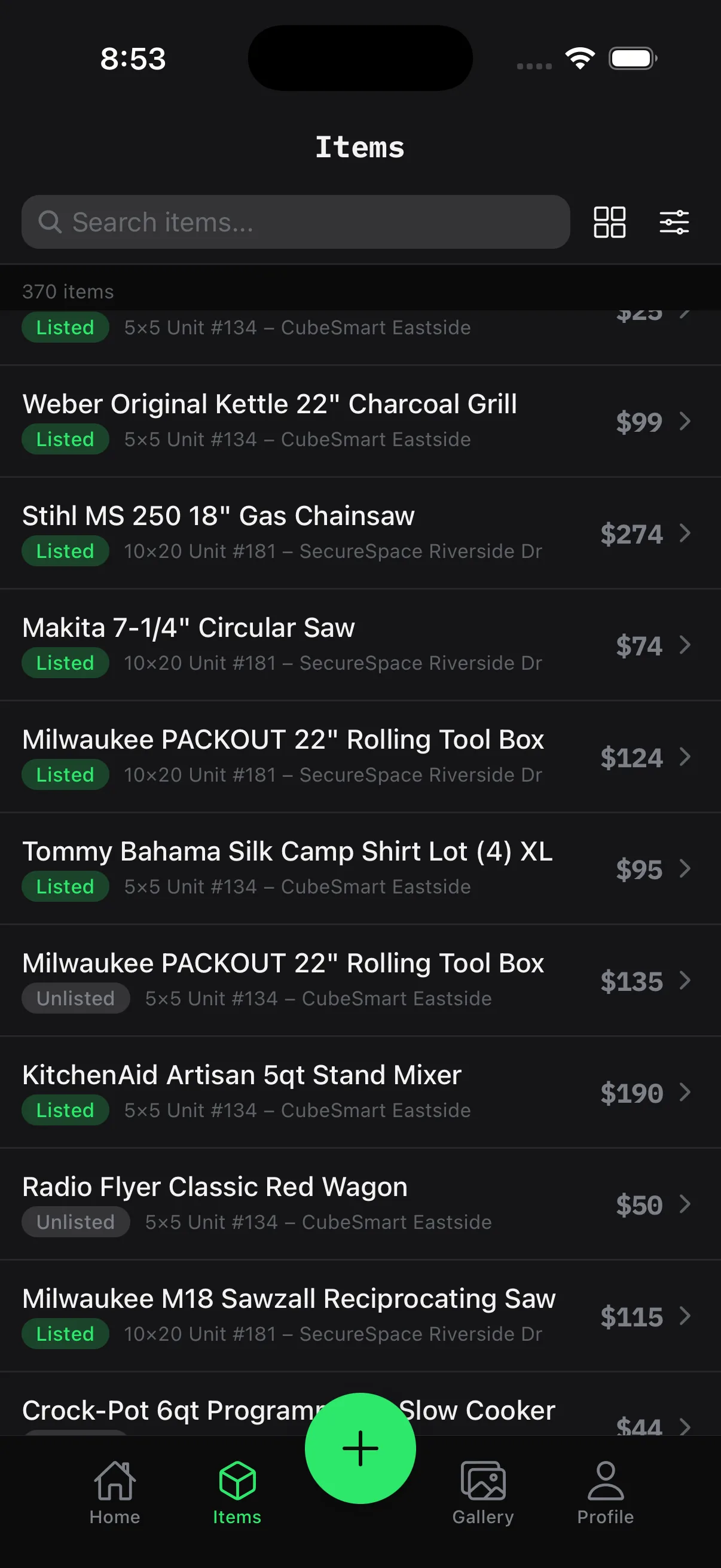 Rezell's items list showing 370 items with Listed and Unlisted status tags, asking prices, and the storage source each came from.