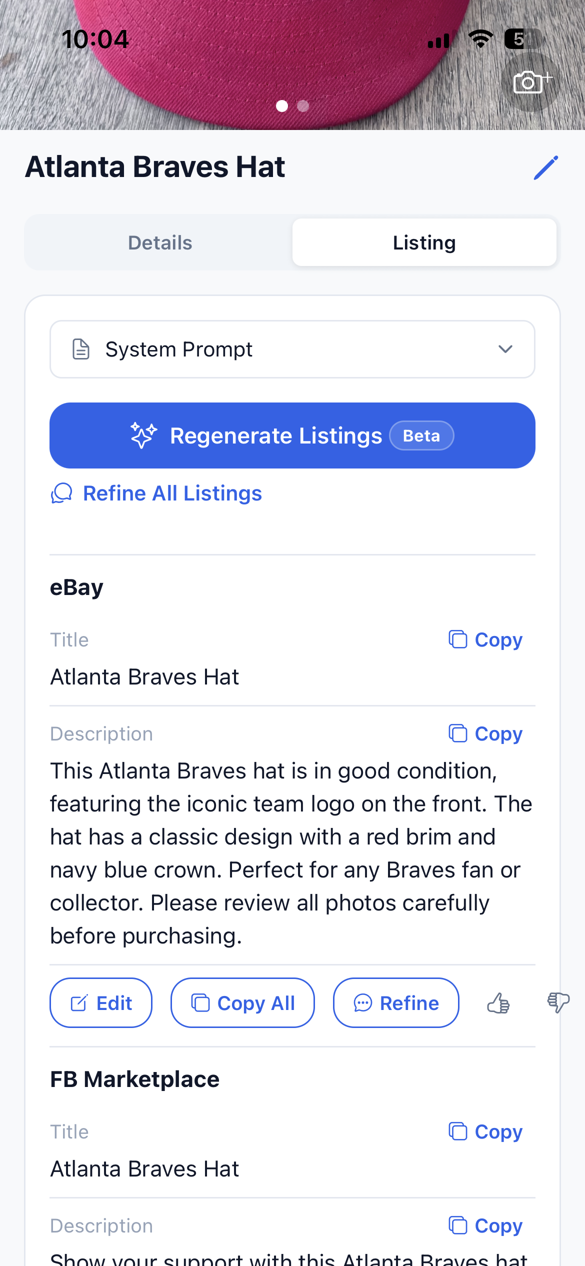 Generated listing preview