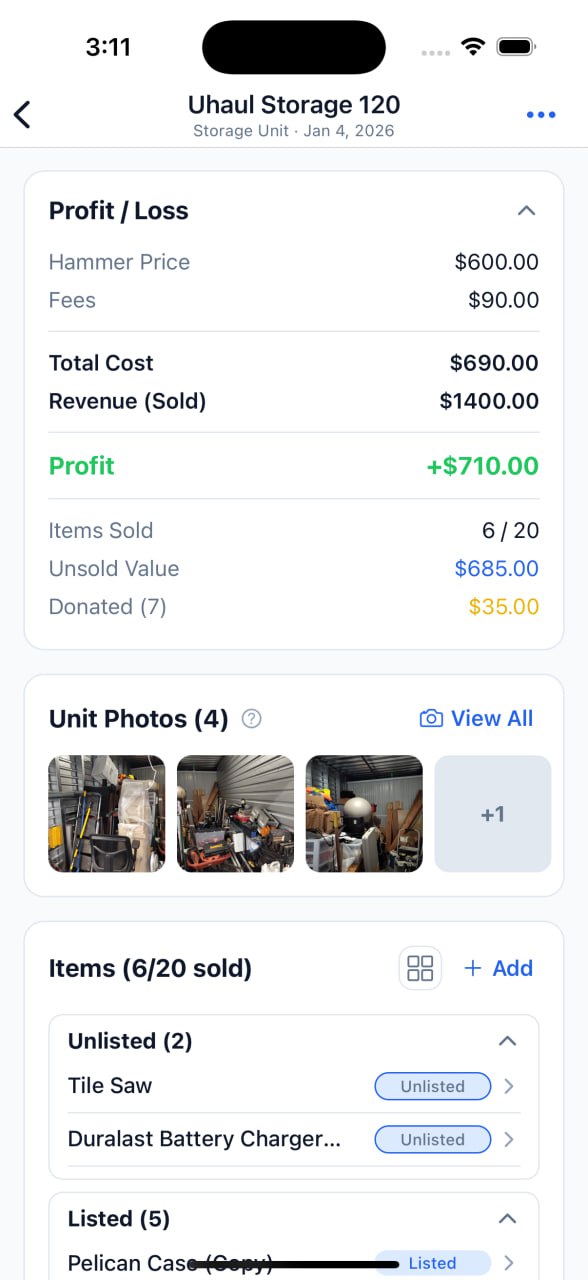 Detailed profit and loss breakdown with unit photos and item tracking