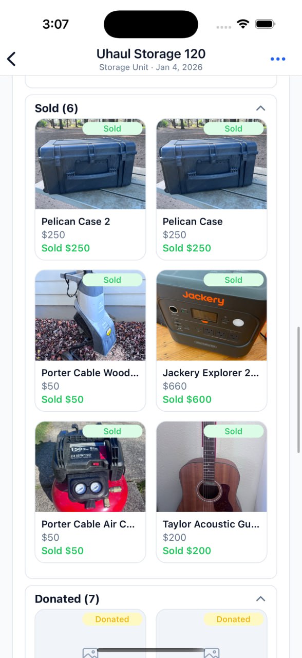 Sold items grid view with photos and sale prices