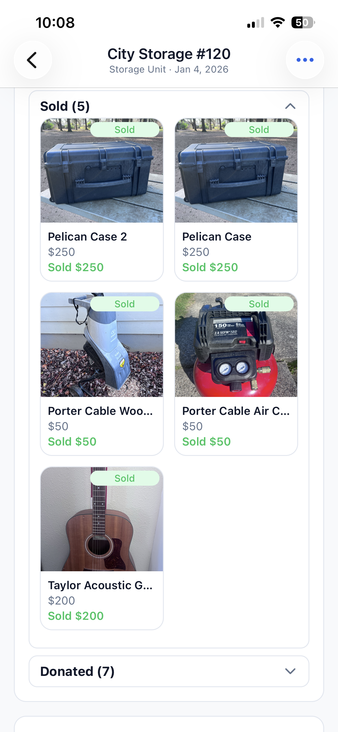Sold items grid view with photos and sale prices