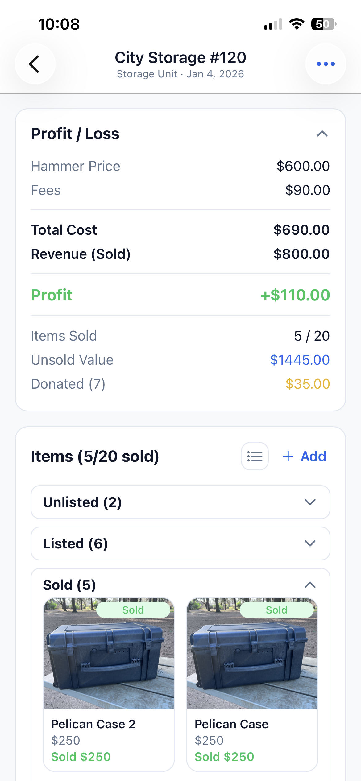 Sold items grid view