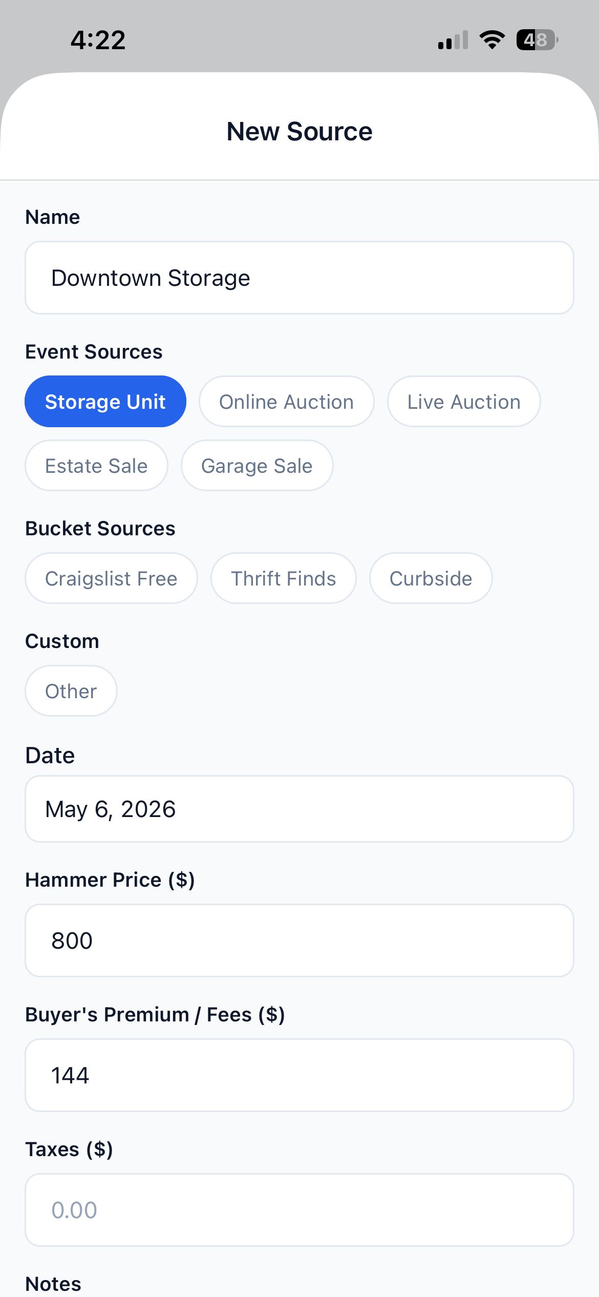 Sources dashboard with all units listed