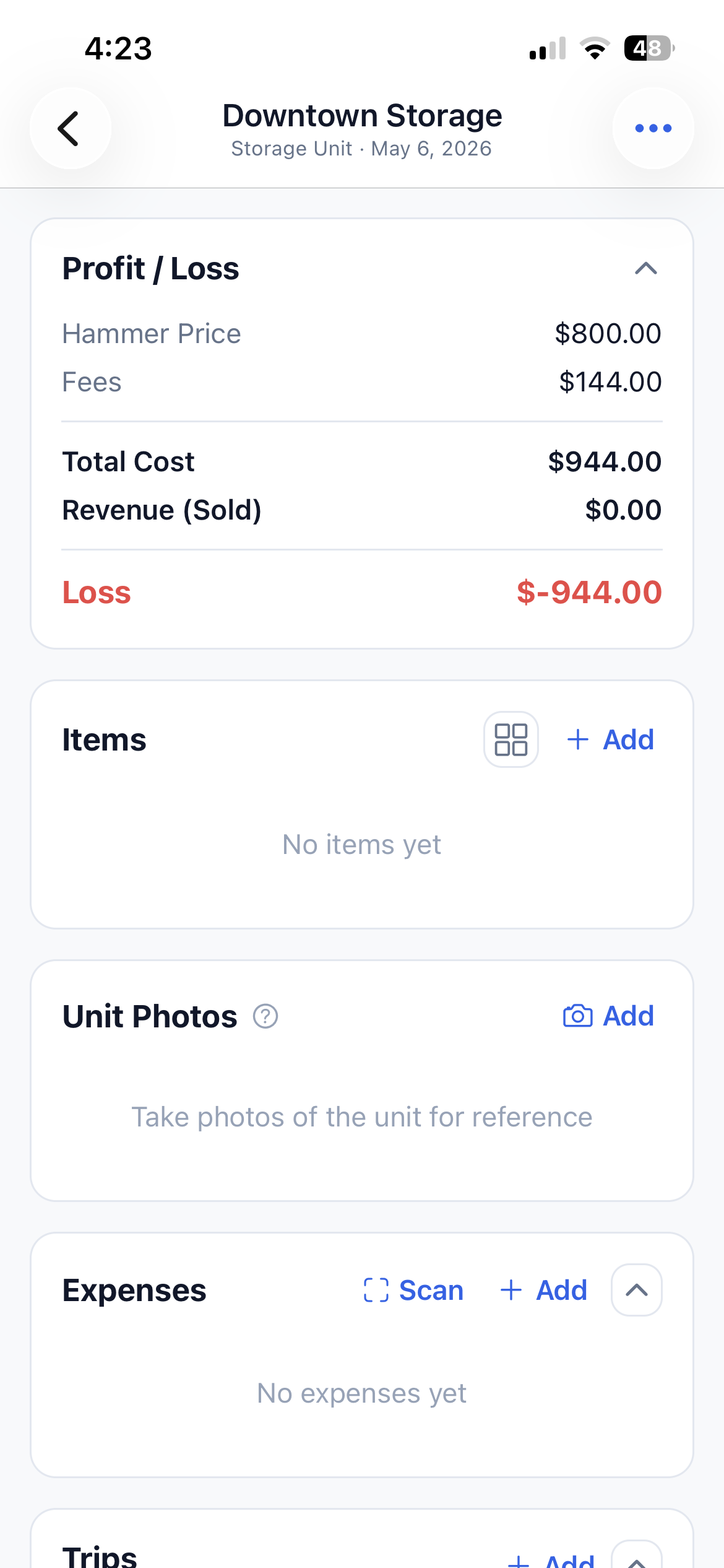 Sources dashboard with all units listed